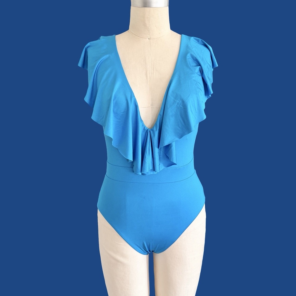 Trina Turk Monaco Royal Blue Ruffle Deep V One-Piece Swimsuit Size 10